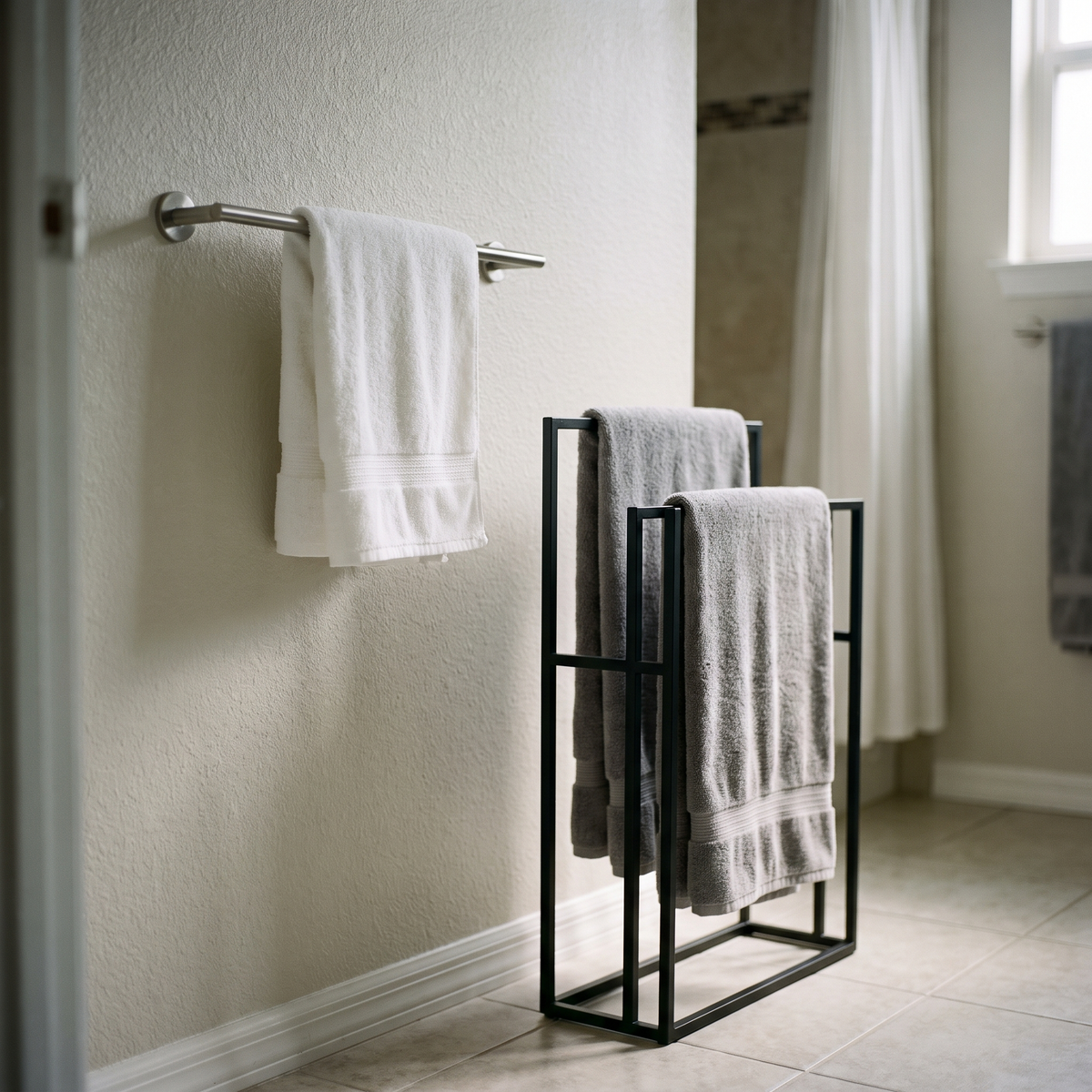 Barre porte-serviettes murale et porte-serviettes sur pied noir côte à côte dans une salle de bain