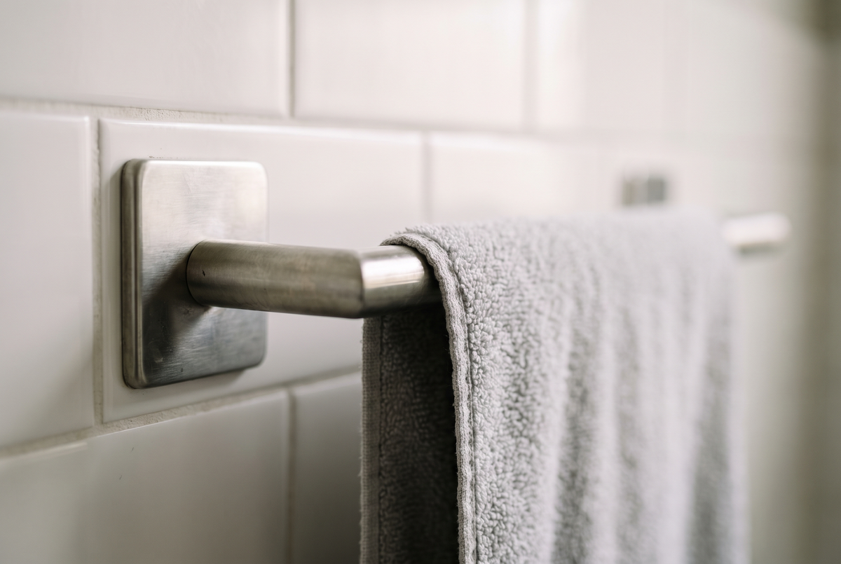 Barre porte-serviettes en inox fixée sans perçage sur un carrelage blanc, serviette grise