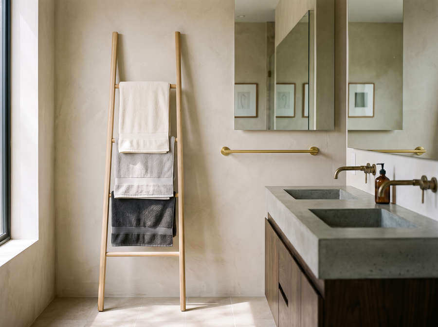 Échelle porte-serviettes en bois et barre en laiton dans une salle de bain contemporaine