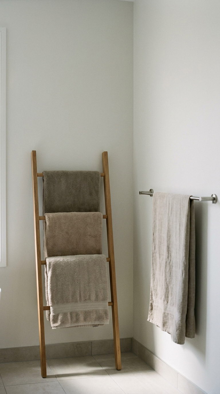 Salle de bain claire avec un porte-serviette échelle en bois et une barre murale en inox, serviettes beiges suspendues