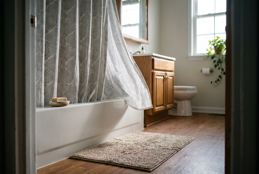 Rideau de douche, tapis de bain et porte-savon dans une salle de bain claire