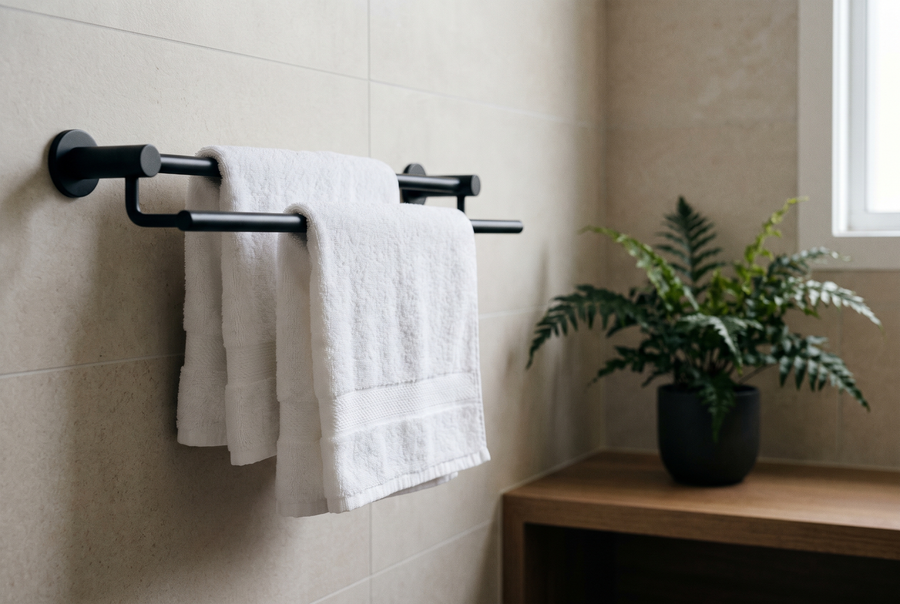 Double barre porte-serviettes murale noire avec deux serviettes blanches